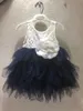 Enfants au détail fleurs stéréo dentelle tulle tutu robes filles dos Vneck tulle gâteau robe enfant marine genou longueur robe de mariée 6451846308761