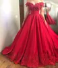 Romantic Red Satin Prom Dresses Beads Lace Applique Off Shoulder Sleeveless Evening Dress Charming Saudi Celebrity Dress Party Gowns 2018