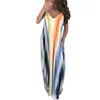 Boho Summer Stripe Sexy Women Dress Deep V Neck Sleeveless Casual Long Beach Dress Plus Size S-2XL