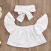 New Fashion Children Girls Clothes Off shoulder Crop Tops White+ Hole Denim Pant Jean Headband 3PCS Toddler Kids Clothing Sets Baby