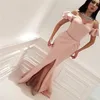 Blush Evening 2018 Pink Dresses Off Shoulder Short Sleeves Mermaid Prom Split Back Zipper Custom Made Formal Ocn Party Gowns