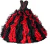 2022 Ballkleid Rot und Schwarz Sweet 16 Quinceanera Kleid Gold Applikationen Formales Partykleid Vestidos De 16 Anos QC1262