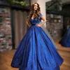 Sparkly Royal Blue Prom Dresses Mode Lovertjes Diepe V-hals Korte Mouw Feestjurk Charmante Baljurk Quinceanera Jurken Goedkope Jurk