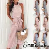 Sleeveless Striped Jumpsuits Mulheres Ampla perna Jumpsuit High cintura Romper Senhora Senhora Moda Casual Macacão Solto Plus Size S-2XL