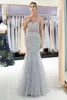 Gray Tulle Mermaid Long Prom Dresses Sheer Crew Neck Major Beaded Crystals Feather Formal Party Evening Dresses 100% Real Image CPS1177