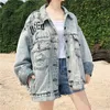 Flectit Style coréen surdimensionné petit ami Denim veste pour femmes graphique utilisé Denim lavé à manches longues Vintage Jean veste manteau