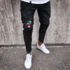 2018 Mode Hommes Skinny Rip Slim Fit Stretch Denim Détresse Effiloché Biker Jeans Garçons Motifs Brodés Crayon Pantalon