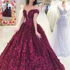 2018 Grape Tulle Long Prom Dress 3D Flowers Lace Applique Puffy Ball Gown Party Dress Saudi Arabia Off Shoulder Beaded Evening Dress