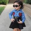 Nowe Dzieci Dziewczynek Dresses Outfit Floral Denim Koszula Topy + Tutu Black Spódnica Dwuczęściowy zestaw Ubrania Kid Girl Berbeć butikowa odzież 1-6y