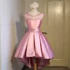 Ronde hals kant satijn hoge lage cocktail jurk kant-up 2019 elegante prom jurk marineblauw roze rode feestjurk