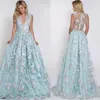 Mint Blue Sexy 3D Floral Appliqued Prom Dresses Long Deep V-Neck Party Dress Floor Length Illusion Back Tulle Formal Evening Gowns