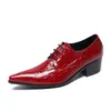 British Men Dress Shoes Red Pointed Toe Crocodile Pattern Leather Shoes Man Lace Up Stylish Wedding Shoes