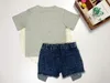 Mode fjärde juli babykläder flickor barn kläder glasögon tshirts denim shorts set 2 st.