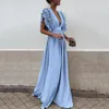 2018 New Fashion Women Dress Sexy Gray V Neck Backless Flying Short Sleeves Maxi Dress Summer Solid Beach Party Long