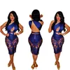 Zomer Dames Kant Hol Bandage Bodycon Jurk Sexy Mouwloze Blue Party Club Midi Vestidos S-XL