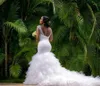 Sexy White Plus Size Mermaid Wedding Dresses Sparkly Crystals Beaded V Neck Lace-up Ruffled Skirt Tulle African Country Trumpet Bridal Gowns