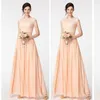 Peach Druhna Sukienka Długa Formalna Party Wedding Maid of Honor Suknie Sheer Bateau Neck Capped Ramię Koronki Szyfonowe Druhna Dresses