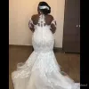 驚くべきアフリカ人マーメイドドレスビーズレースアップリケ長袖のブライダルガウンセクシーなシアースクーププラスサイズのウェディングドレス