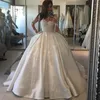 Sexy Bodice Ball Gown Wedding Dresses V-Neck Long Sleeves Beads Lace Appliques Bridal Dress Glamorous Dubai Satin Sweep Train Wedding Gowns