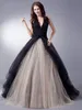 Black And Nude Ball Gown Gothic Wedding Dresses Halter Tulle Open Back Applique Beads Sequin Sweep Train Cheap Long Plus size Bridal Gown