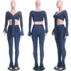 High Elastic Autumn 2 Piece Set V Neck Long Sleeve Bow Tie Crop Top Shiny Skinny Flare Pant Women Clothing Two Piece Sets