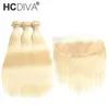 HCDIVA Estensioni dei capelli Lisci 613 Fasci di capelli umani biondi con chiusura 3 pacchi con chiusura in pizzo 4X4 per parrucchiere Lungo 10-30 pollici