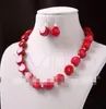 Conjunto de collar y aretes de perlas de 5 mm con gema de mapa de coral rojo LLred