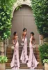 Blush Pink Bridesmaid Dresses Spaghetti Strap ärmlös sjöjungfruspets Juniorland Formella klänningar Long Maid of Honor Dress HY250