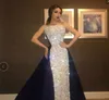 Sparkly Strapless Evening Dress Silver Bling Sequined And Navy Blue Satin Celebrity Evening Dresses Formal Red Carpet Dresses Part286m