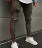 Mäns Jeans Mens Distressed Washed Denim Side Red Striped Slim Ripped Pencil Pants Holes Male Mode Zipper Design Långbyxor11