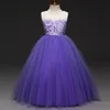 100% Real Imagem Roxo Flor Branca Meninas Vestidos Lace Tulle Até O Chão vestido de Baile Meninas Pageant Vestidos de Aniversário Das Crianças Vestidos Em Estoque