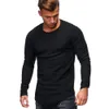 Män Casual Toppar Långärmad T-shirt Solid Färg Fold Round Neck Slim Solid Färg Långärmad T-shirt