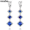 Vecalon 4 Färger Lady Dangle Earring Princess Cut 5A Zircon CZ 925 Sterling Silver Party Wedding Drop Örhängen för Kvinnor Present