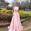 Pink Halter Prom Dresses Beaded Neck Satin Floor Length Backless Graduation Homecoming Dresses Formal Evening Party Dresses DH4092