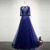 Navy Blue Tulle Aftonklänningar med Lace Appliques 2019 Golvlängd Aftonklänningar Ny Moder av brudklänningen