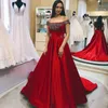 Glamorous Beaded Red Prom Dresses Sexy Off Shoulder Appliques Lace-Up Back Party Dress 2018 Fashion Sweep Train Satin Long Prom Gowns