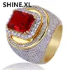 Hip-Hop Classic Gold Color Plated Cubic Zircon Big Red Stone Ring Personlighet Fashion Glamour smycken Lover Gift279y