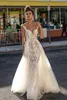 2019 Berta Mermaid Trouwjurken met Afneembare Trein Diepe V-hals Kant Applique Illusion Backless Country Bridal Jurk Plus Size Gowns