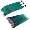Dunkle Wurzeln, grünes glattes Haar mit Spitzenfront, 4 Stück, Ombre Two Tone 1B, dunkelgrünes Haar, 3 Bündel mit Ohr-zu-Ohr-Frontal