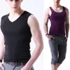 Homens Sólidos Sem Costura Roupa Interior Colete Apertado V / O Collar Esportes Sem Mangas Tops Confortável de Largura Ombro Magro Camisola Run Fitness Collants