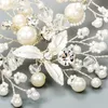 Headpieces New Silver Leaf Headband Bridal Tiara Pearls Wedding Hair Crown Accessories Fashion Women Prom Hair Piece Handmade Jewelry