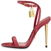 Open Top Brand Women Fashion Toe One Gold Metal Stiletto Lock Design Strap Sandals High Heel Sandals Club 5