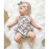 Söt blommig baby romer 2018 ruffles spets jumpsuit med huvudband nyfödda baby tjejer kläder solnedräkt kläder barn barnkläder 0-24m