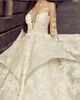 Fantastisk spetsbollklänning bröllopsklänning se genom långärmad applique ren backless brudklänning glamorös sexig lång tågbröllopsklänning