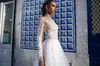 Mouwen Nieuwe Fashion Beach Boheemse trouwjurken Tiered Tule Romantische Bateau Neck Appliques Long Bridal Ghows Court Train