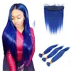 8A faisceaux de cheveux vierges bleus malaisiens avec fermeture frontale en dentelle bleu clair tissages de cheveux humains droits avec 13X4 frontal pré-plumé