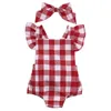 Strampler für Neugeborene, Kleinkind, Kleidung, kariert, weiß, rot, Babyspielanzug + Schleife, Kopfbedeckung, Outfits, Sunsuit, 0–18 Monate, Overalls für Neugeborene