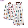 Springautumn женщины 100% хлопчатобумажные длинные рукава + брюки Pajamas набор женских цветных точек столкновение распечатка пижама с пижамами женщин женщин