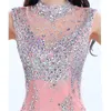 Celebridade de luxo Longo Coral Prom Vestido Frisado Gola Alta Vestidos Formais Longo Vestido De Lantejoulas Real Photo Gown Senhora Jovem Vestidos de Noite