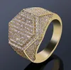 Mens 18k Gold Plated Geometric Hexagon Iced Out Pave CZ Bling Ring Full Simulated Diamonds Stones Gold Silver Rings with gift box
